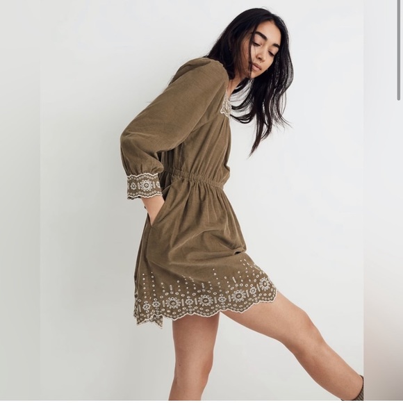 NWT Madewell Embroidered Corduroy Square-Neck Mini Dress - Green - Medium Petite - Picture 3 of 11